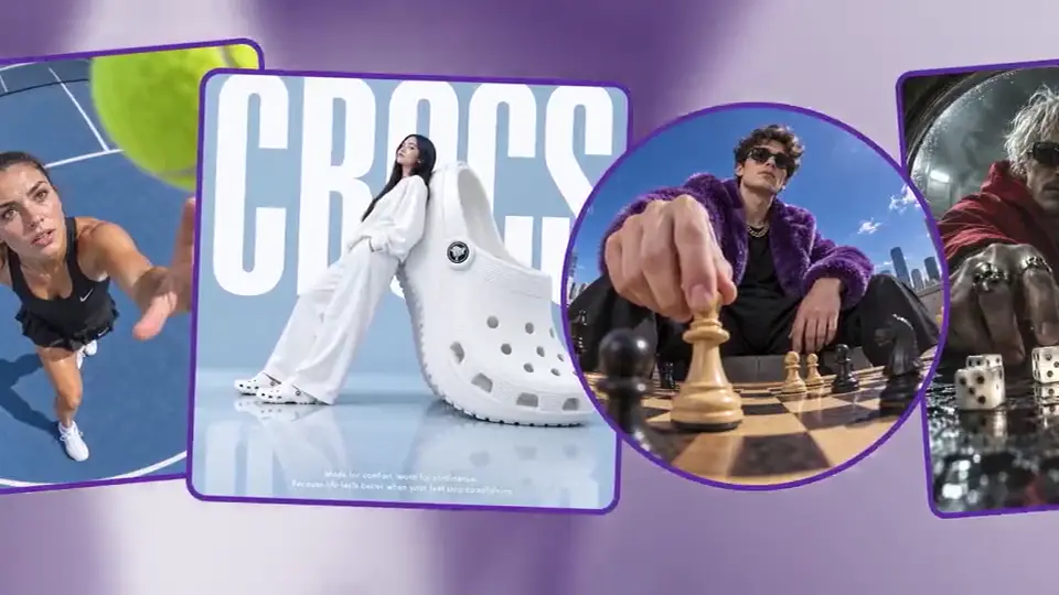 A row of generated image cards scrolling past on a lilac backdrop