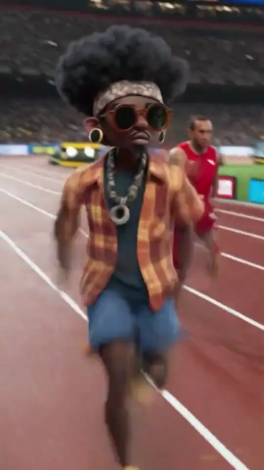 Sprinters racing on a stadium track, each restyled as a different character as the race runs