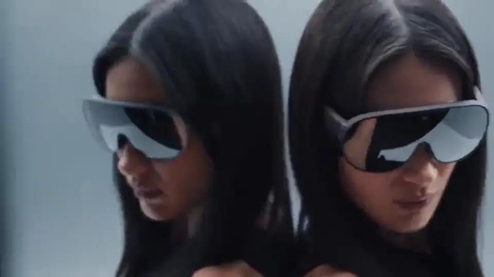 Three product promo spots in sequence: a phone, a pair of smart glasses and a sneaker, each shot as a studio product film