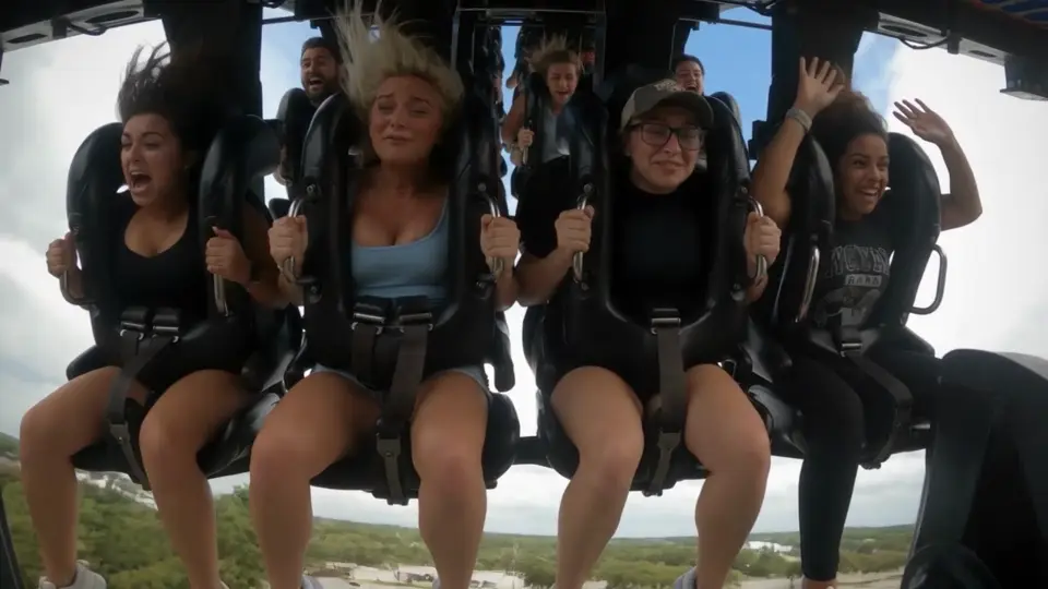 A reel of generated video shots: a rollercoaster, a city street, a lake and a product close-up